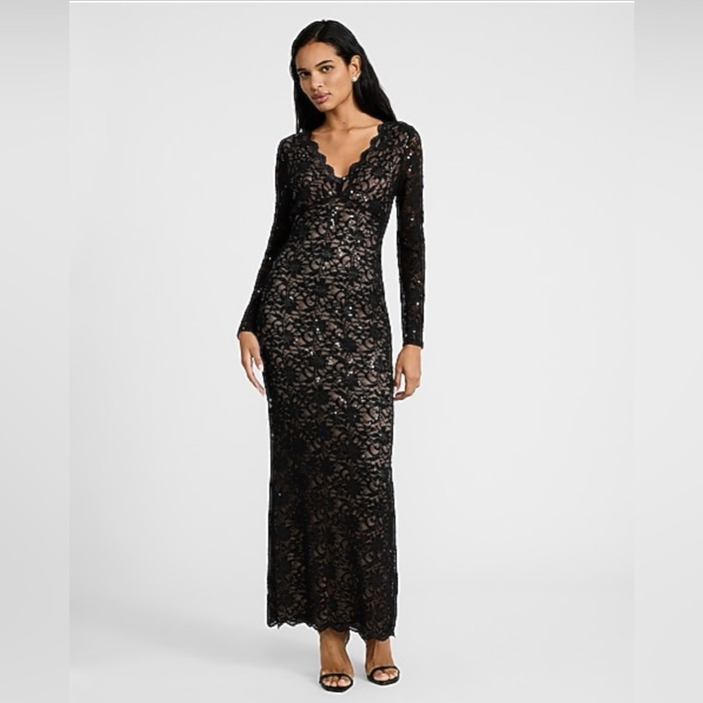 NWT Express Sequin Lace V-neck Long Sleeve Maxi Dress